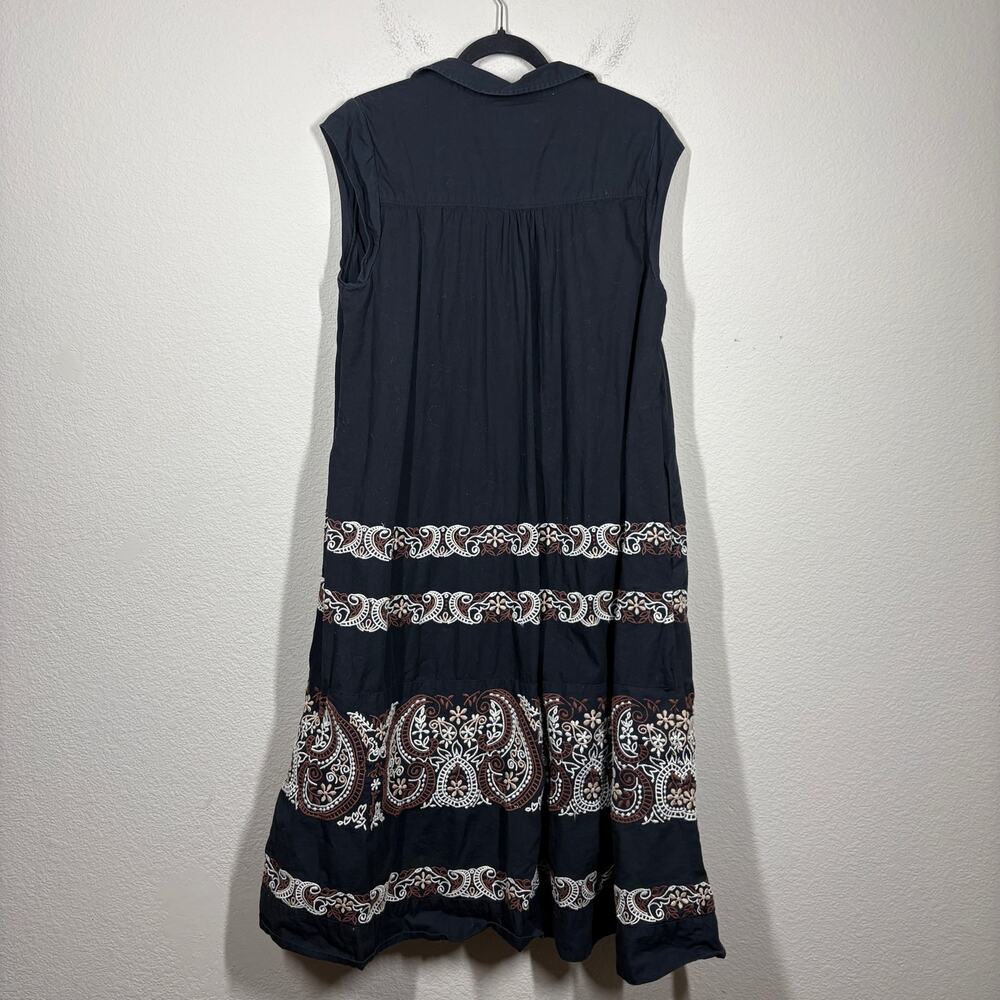 By Anthropologie Large Shirt Swing Midi Dress Black Cotton Embroidered Paisley - Picture 3 of 9